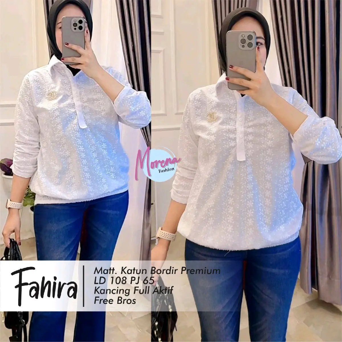 (BONUS BROSS) - Fahira blus polos bordir putih Wanita Atasan Baju Top Dewasa