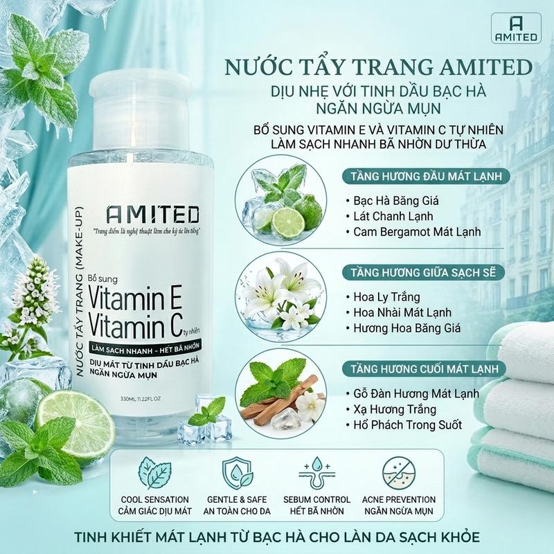 NƯỚC TẨY TRANG 330ML – DỊU MÁT TỪ TINH DẦU BẠC HÀ, HỖ TRỢ NGĂN NGỪA MỤN – BỔ SUNG VITAMIN E & VITAMIN C TỰ NHIÊN – LÀM SẠCH NHANH BÃ NHỜN VÀ BỤI BẨN