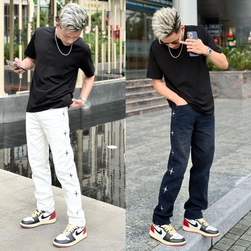 SONOMEN - Quần Jeans Nam Hoạ Tiết Thêu Dấu Cộng From Ống Đứng Chất Liệu Jeans Cotton Cao Cấp - Sơn Tóc Bạc