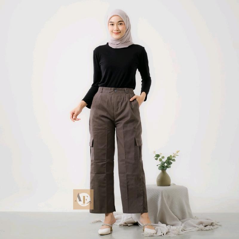 Zena Celana Kulot Cargo Wanita Highwaist Premium Berkancing Rasleting Bahan Twill Combad Premium Kekinian Korean Style pants unsex hitam【cargo】 celanakulot 3