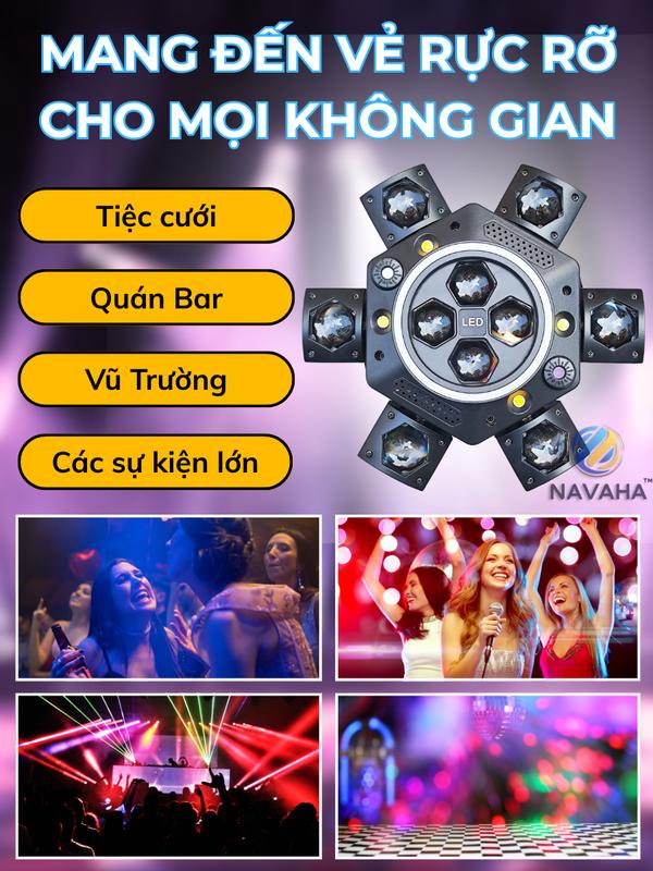 Đèn sân khấu moving 6 cánh 16 mắt viền led có 10 mắt led 4 mắt chớp 2 mắt laser 200W NAVAHA cảm biến âm thanh chớp theo nhạc phòng hát 2
