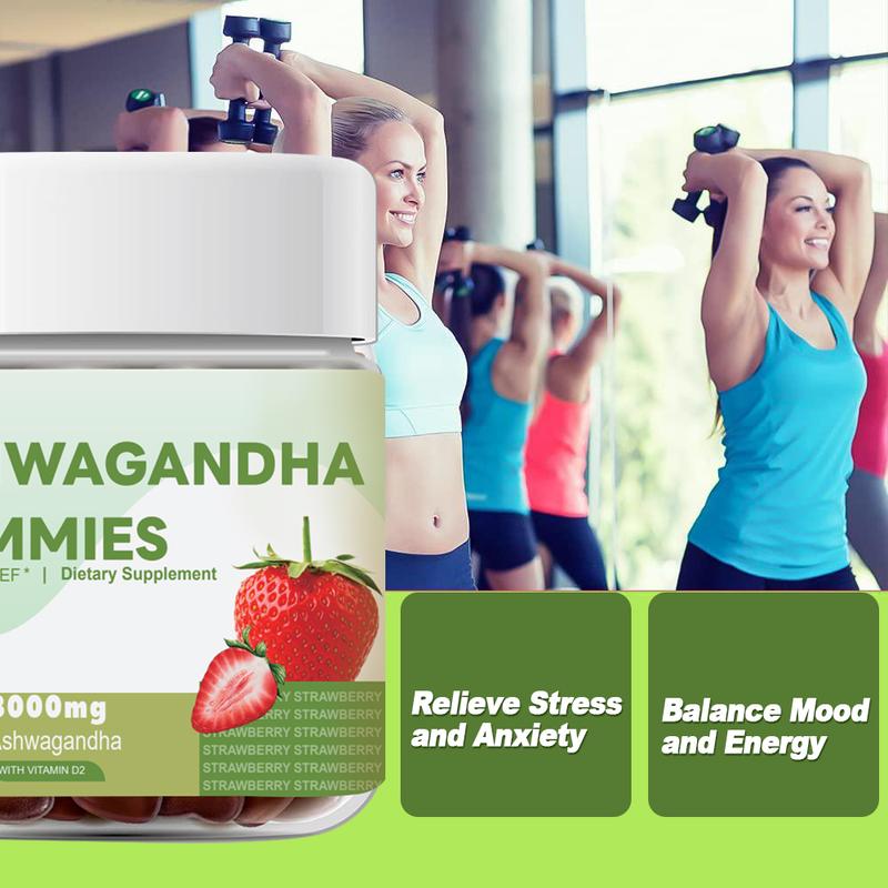 Kẹo cao su Ashwagandha, Yiling, 3000 mg Chiết xuất gốc Ashwagandha có hiệu lực cao, với Vitamin D2, dành cho nam và nữ, Hương vị dâu tây, 60 Đếm (Gói 1) kẹo  dẻo 2