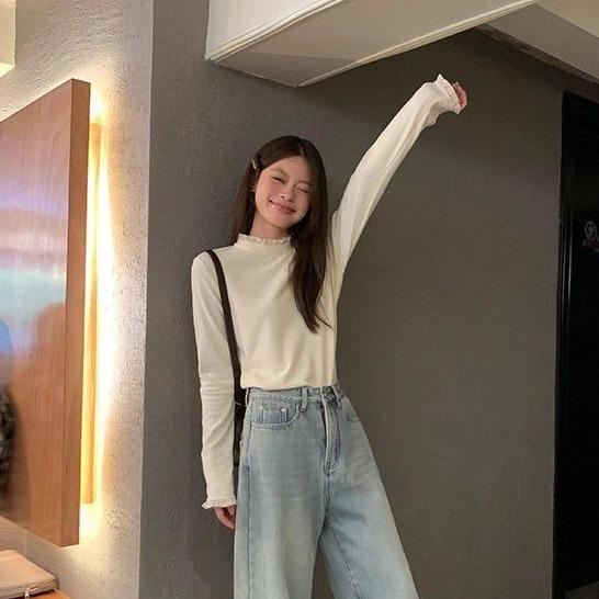 Áo Thun Nữ Dài Tay Màu Trắng, Hàng Mới Về Cho Mùa Thu Và Mùa Đông, Trang Trí Ren Sành Điệu, Cổ Áo Mock, Hoàn Hảo Để Mặc Lót Và Cơ Sở áo  trễ  vai mùa thu đông nữ đẹp