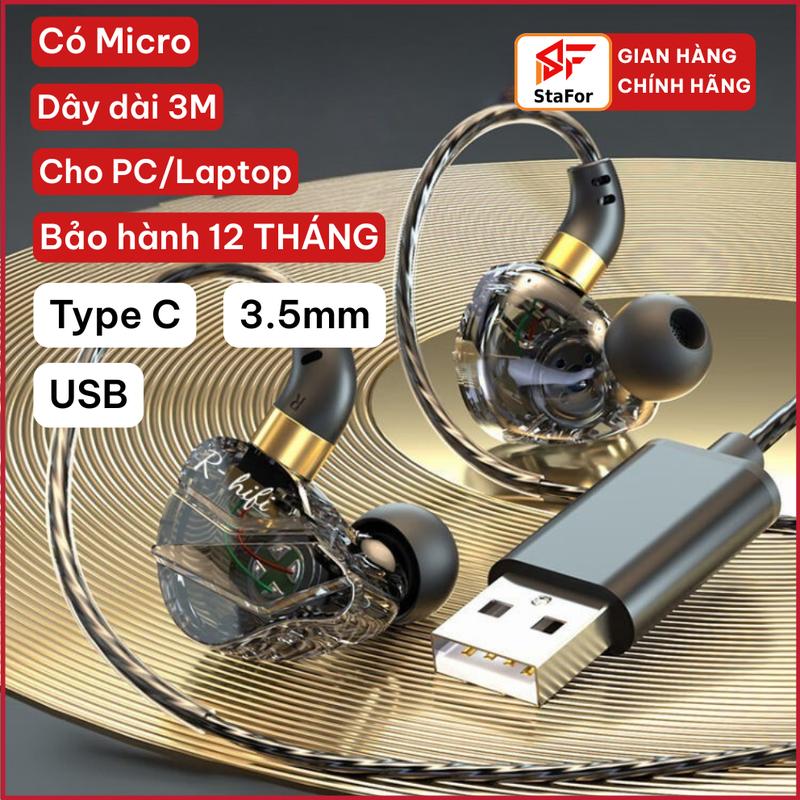 Tai nghe GAMING cho PC/Laptop/Điện thoại nhét tai in ear dây dài 3M có mic đàm thoại jack USB, Type C, Micro 3.5mm