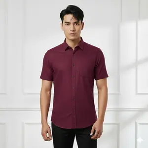 Kemeja Pria Polos Katun Sigaret Slim Fit Lengan Pendek Hitam Navy Mahogany Burgundy Baju Hem Basic Kantor Kerja Formal Casual