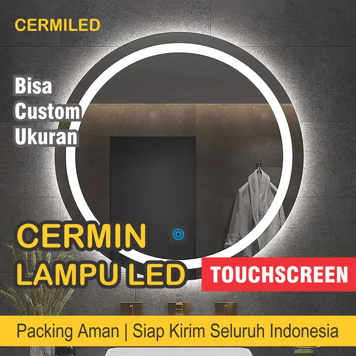 Kaca Cermin Make Up Lampu LED Putih Sensor Touchscreen Model Bulat Diameter 50 Cm