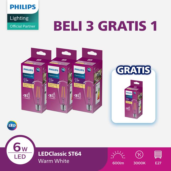 Gambar Paket Lampu Philips Beli 3 Dapat 4 Lampu Philips Filament Bohlam LED 6W ST64 E27 Kuning dari Philips lighting Jakarta Kota Administrasi Jakarta Timur Tokopedia