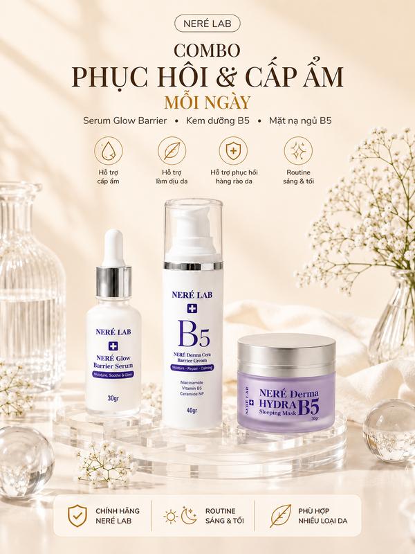 Combo Phục Hồi & Cấp Ẩm Chuyên Sâu – Serum Glow Barrier, Kem Dưỡng B5 và Mặt Nạ Ngủ B5 NERÉ LAB