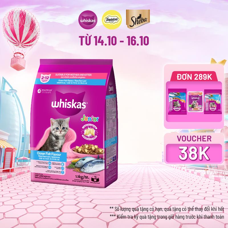 WHISKAS Thức ăn cho mèo con dạng hạt vị cá biển với sữa 1.1kg (1 túi)