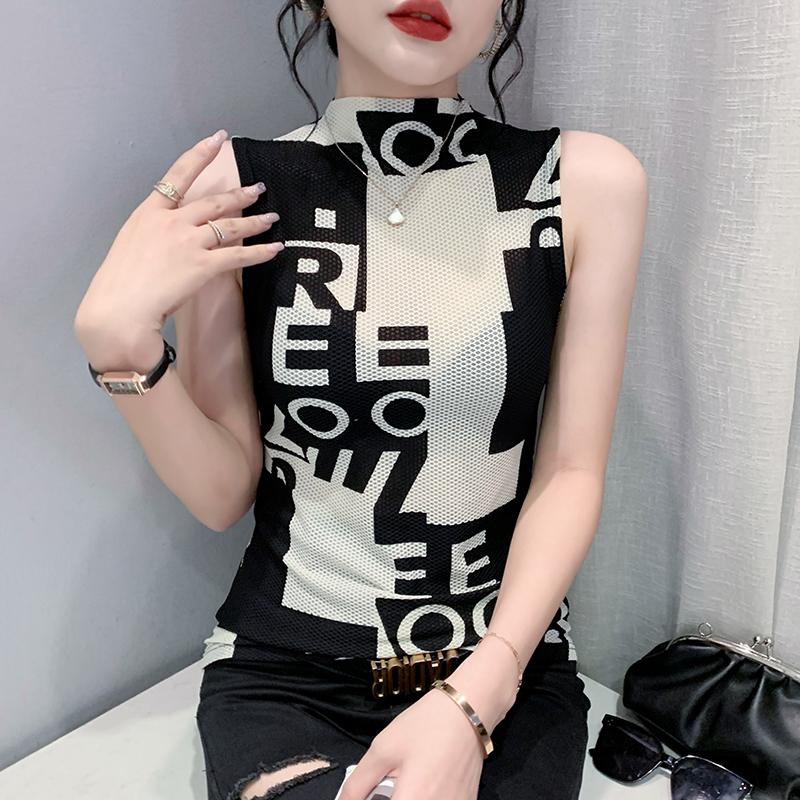  REHIN Áo Thun Cổ Cao Không Tay In Chữ Thời Trang Mới Mùa Hè Dáng Ôm Và Thanh Lịch Áo Áo Cánh Nữ 