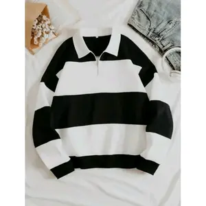 Sweater hoodie Rugby Zipper setrip kombinasi katun fleece atasan pria wanita