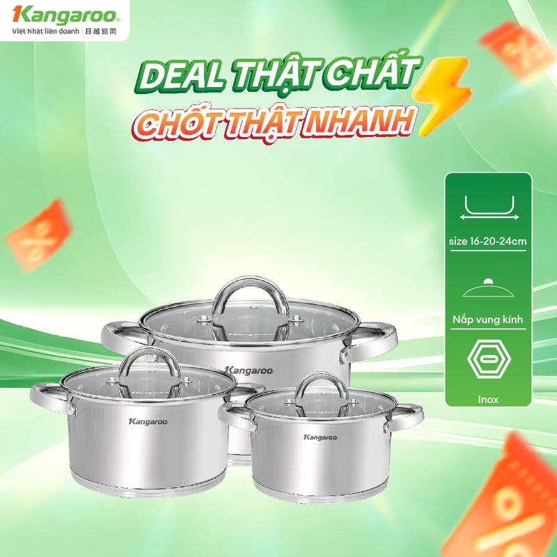 KGIP3B4E | Bộ 3 nồi inox cao cấp đáy từ 5 lớp Kangaroo size 16,20,24cm - Đáy từ dùng cho mọi loại bếp