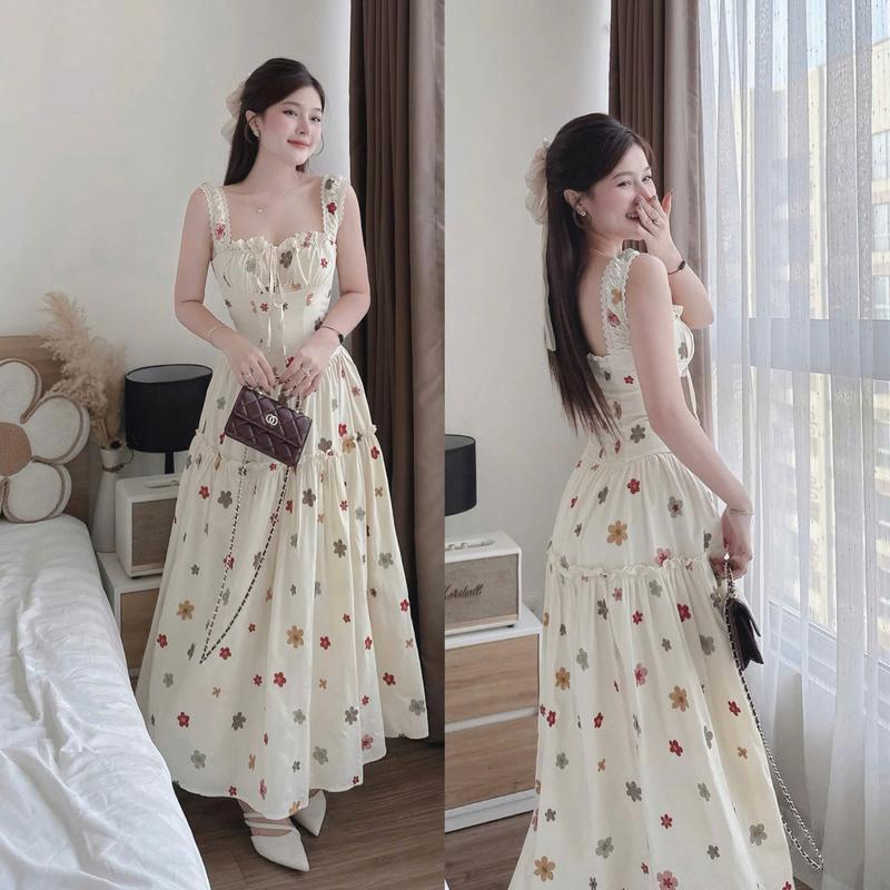  Váy đầm lụa hoa hai dây viền ren nhún ngực cột nơ fom dáng xòe dài dễ thương hottrend 