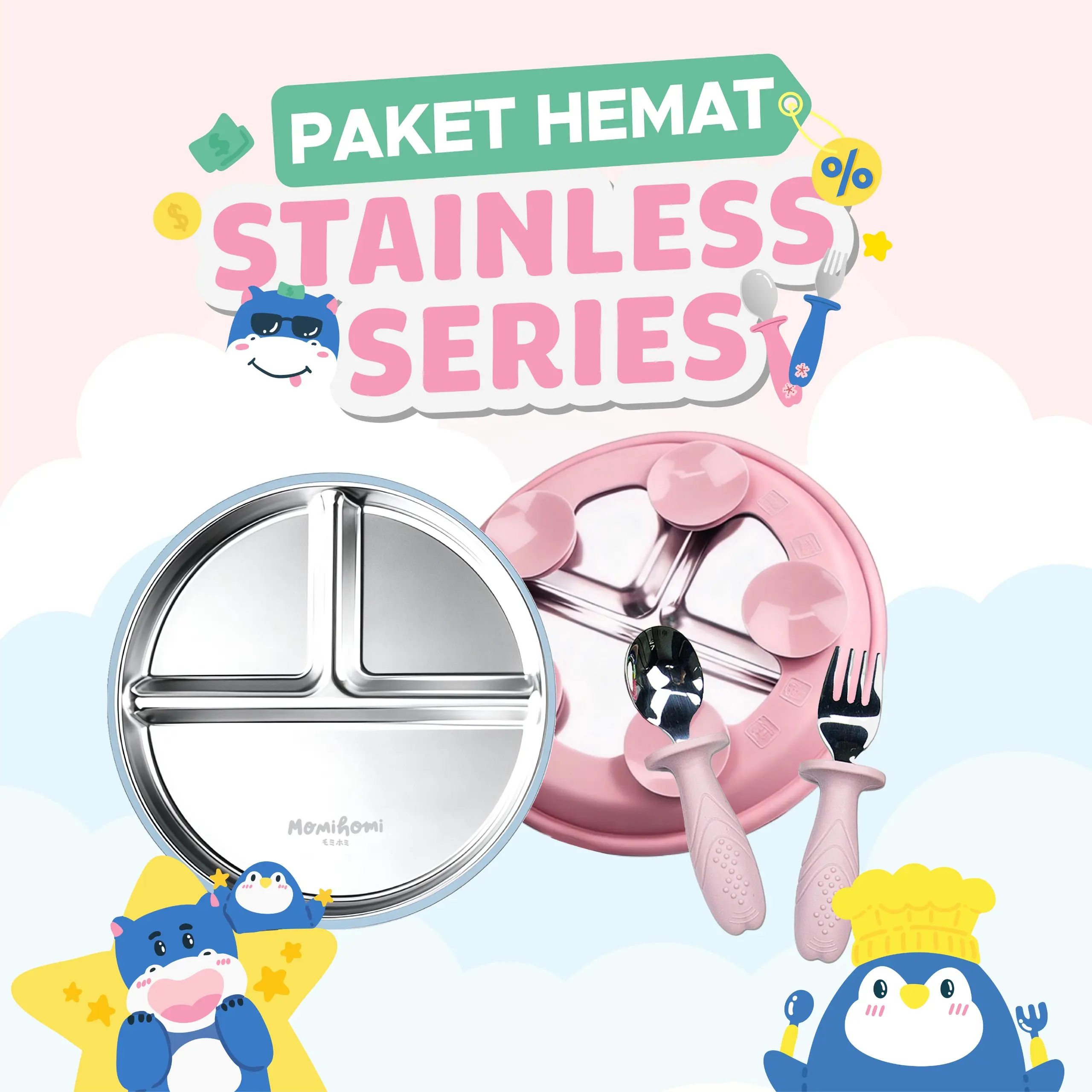 MOMI HOMI Piring Makan Anak Stainless Steel SUS 304 ( 3099 ) Food Grade Anti Karat With 5 Silicone Suction Alat Makan Bayi MPASI Piring Makan Stainless Silikon BPA FREE