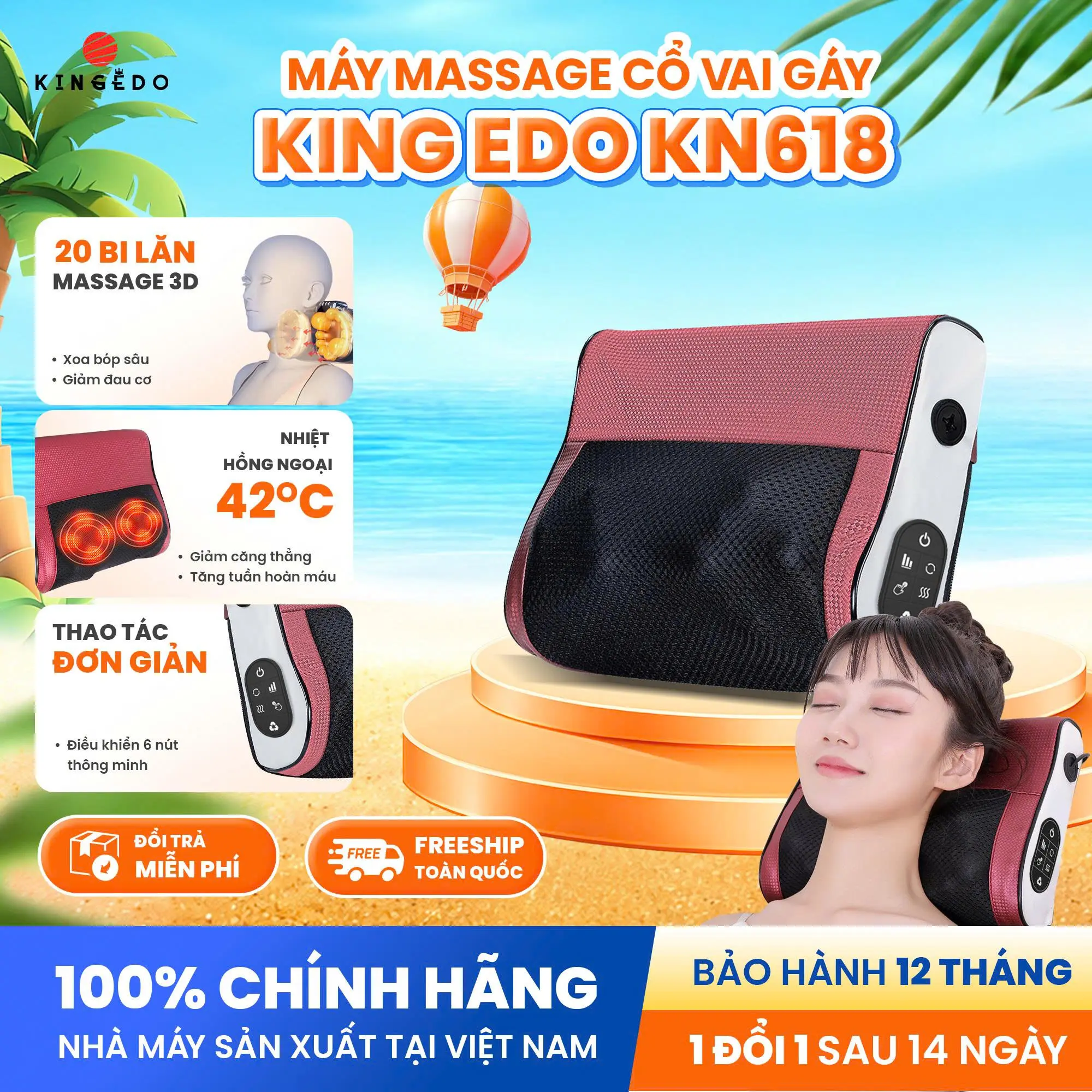 【Phiên Bản Mới 2026】Gối Massage Hồng Ngoại 20 Bi Xoay – Máy Massage Cổ Vai Gáy Lưng Nâng Cấp – Có Nhiệt Sưởi Ấm, Đảo Chiều – 6 Nút Điều Khiển Đa Chức Năng - Phù Hợp Làm Quà Tặng KingEdo KN 618 Pro