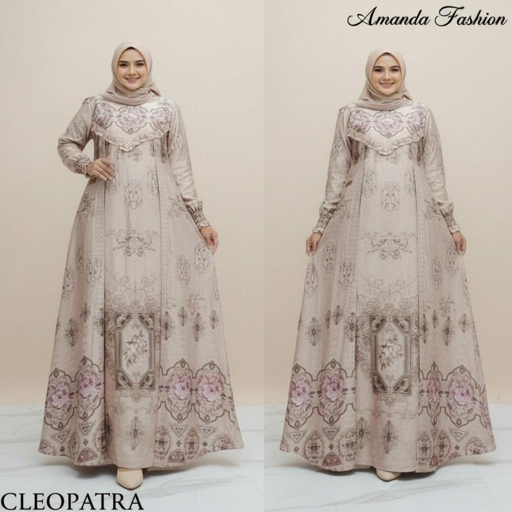 Gamis Amanda Cleopatra Bahan Silky Printing Motif Cantik Rompi Kanan Kiri MOTIF BUNGA RANDOM(Free Pouch)