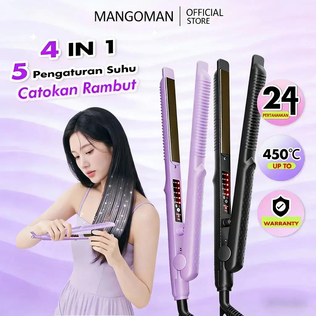 MANGOMAN Catokan Rambut 2 In 1 Pelurus Rambut Pengeriting 24 Jam Tahan Lama Pemanasan Cepat 4 Tingkat Suhu