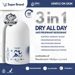 DRY ALL DAY 3 in 1 Antiperspirant Deodorant Whitening Roll On (Gentle Skin) - The Ultimate Anti-Perspirant tahan Keringat & Bau Badan 48 jam - Mencerahkan kulit - Niacinamide + Vitamin C