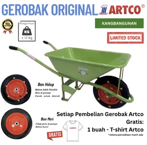 ARTCO Gerobak Sorong Dorong Pasir Cor Original Hijau Banana Green Set Baja Kapasitas 400kg Dimensi 75x50x25cm Tahan Lama & Kuat Cocok untuk Proyek Perkebunan & Dinas Kebersihan & Sawah Tebal HS-203 Ban Hidup Ban Mati Kuat