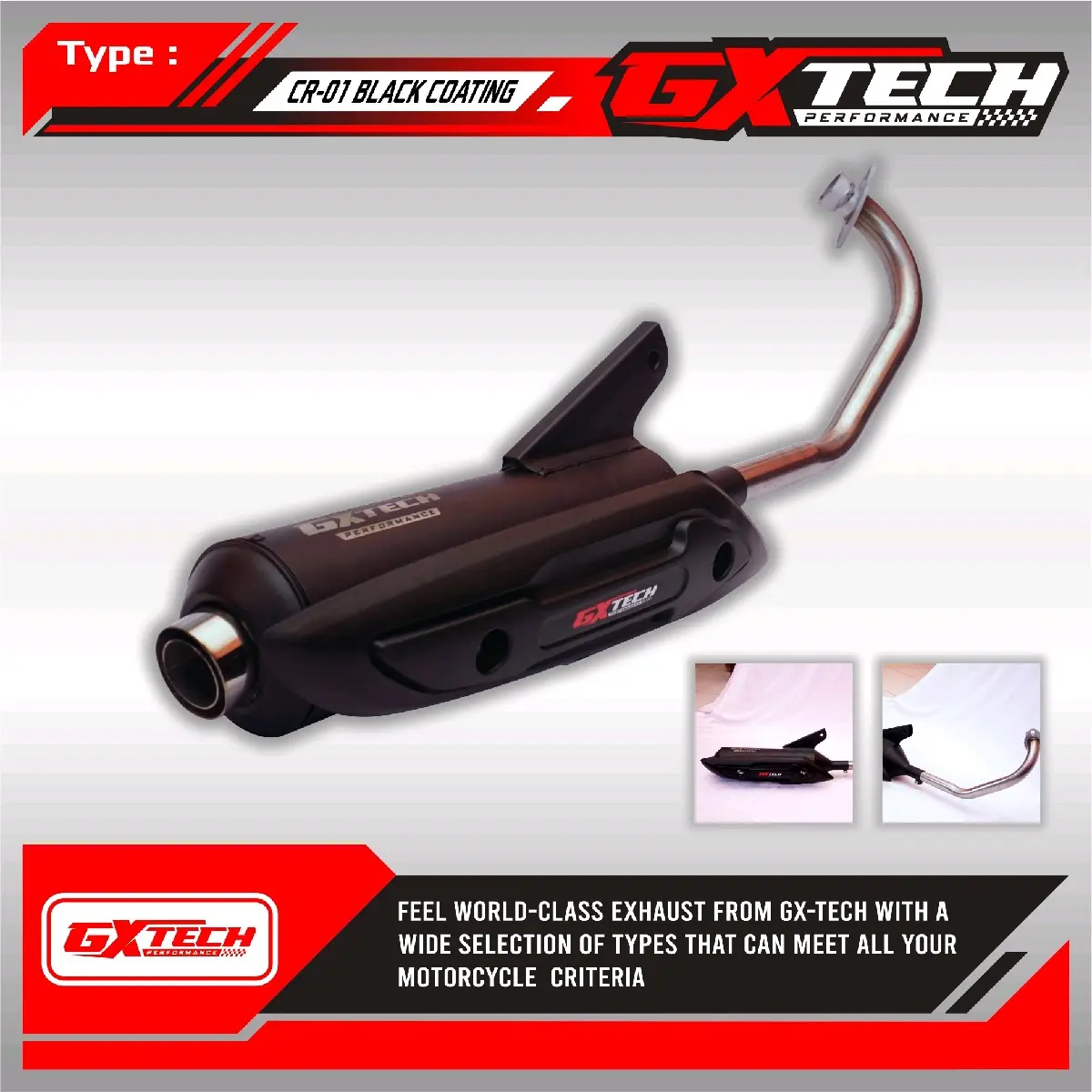 GX TECH Perfomance Knalpot Standar Racing CR-01 Suara Bass Adem Inlet 26 mm 28 mm