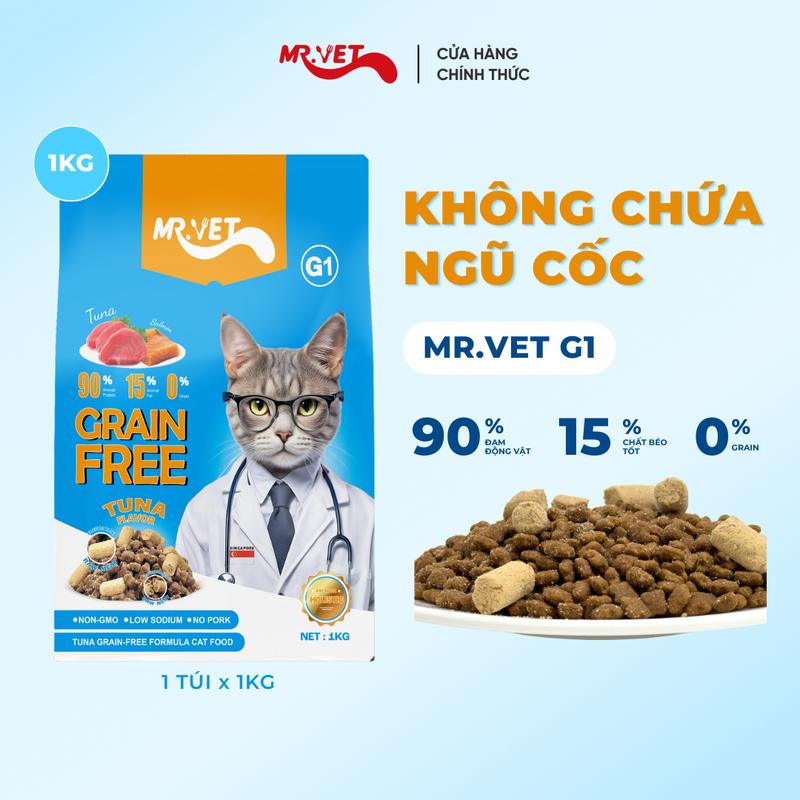 THỨC ĂN CHO MÈO Hạt Holistic Mr.Vet Thế hệ G1 Túi 1kg Công thức Cá ngừ Không Chứa Ngũ Cốc Cải Thiện Tiêu Hoá dành cho mèo mọi lứa tuổi với topping bột gan gà sấy thịt tươi sấy khô