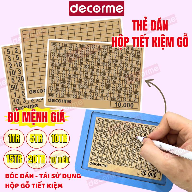 Thẻ dán (không hộp) hộp gỗ tiết kiệm Decorme thẻ nhiều mệnh giá 1tr, 5tr, 10tr, 15tr, 20tr, thẻ tự ghi giúp tái chế sử dụng hộp gỗ được nhiều lần