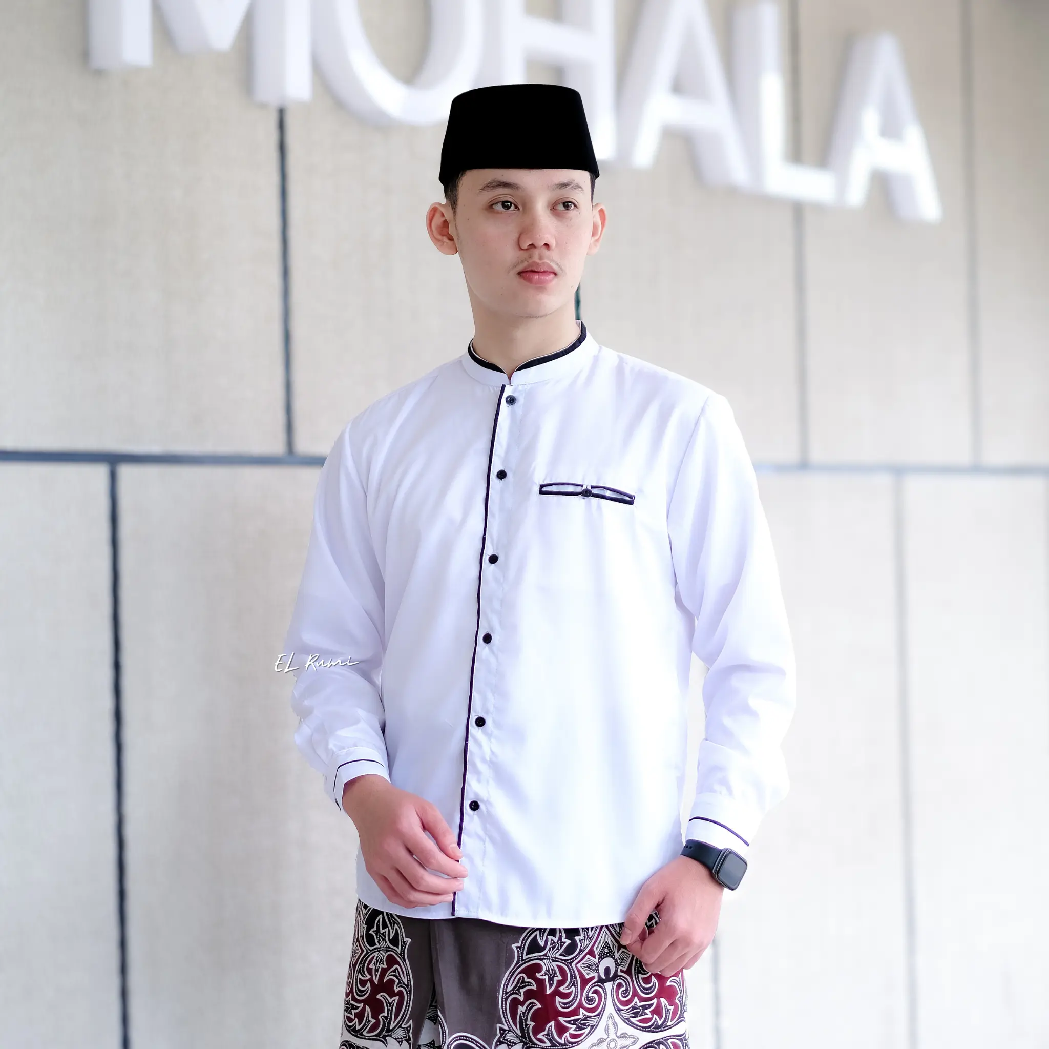 Baju Koko Pria Original Elrumi Lengan Panjang Motif LC Atasan Muslin Dewasa Putih