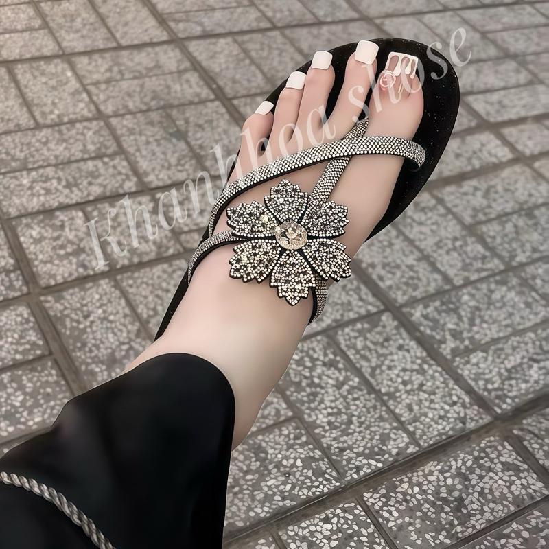  Dép nữ xỏ ngón đá đính charm dây xoắn mũi tròn đế bệt sang trọng  dép kiểu nữ đẹp DéP Shoes giay dep 