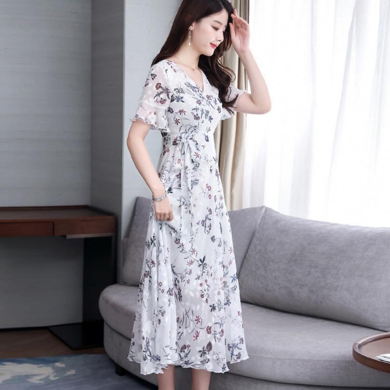 Chân Váy Dài Trung Bình Thiết Kế Hoa, Phong Cách Mới Mùa Hè Cho Nữ, Với Tay Áo Loe, Váy Siêu Thanh Lịch, Ngoại Cỡ, Chân Váy Thắt Lưng Dài, Thời Trang Women Dress Voan Khuy 5