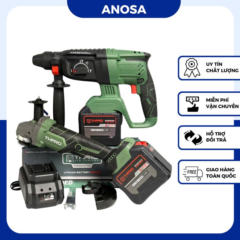 Combo Khoan Bê Tông THPRO TH226, Mài TH-8100 Kèm 2Pin 20Cell Sạc - Động Cơ Lõi Đồng, Chân Pin Phổ Thông