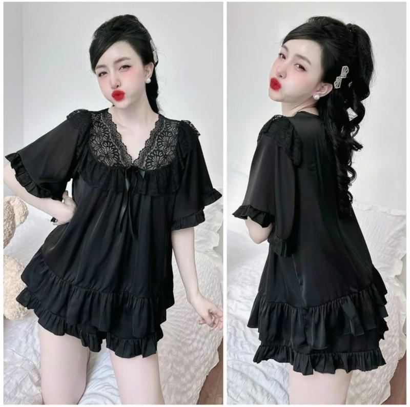 Đồ Ngủ Tiểu Thư Cổ Viền Ren Nơ Xinh Xắn - Mẫu Babydoll tay ngắn quần đùi Bigsize - Lụa Lantin phối ren - MoMi Thế giới đồ ngủ