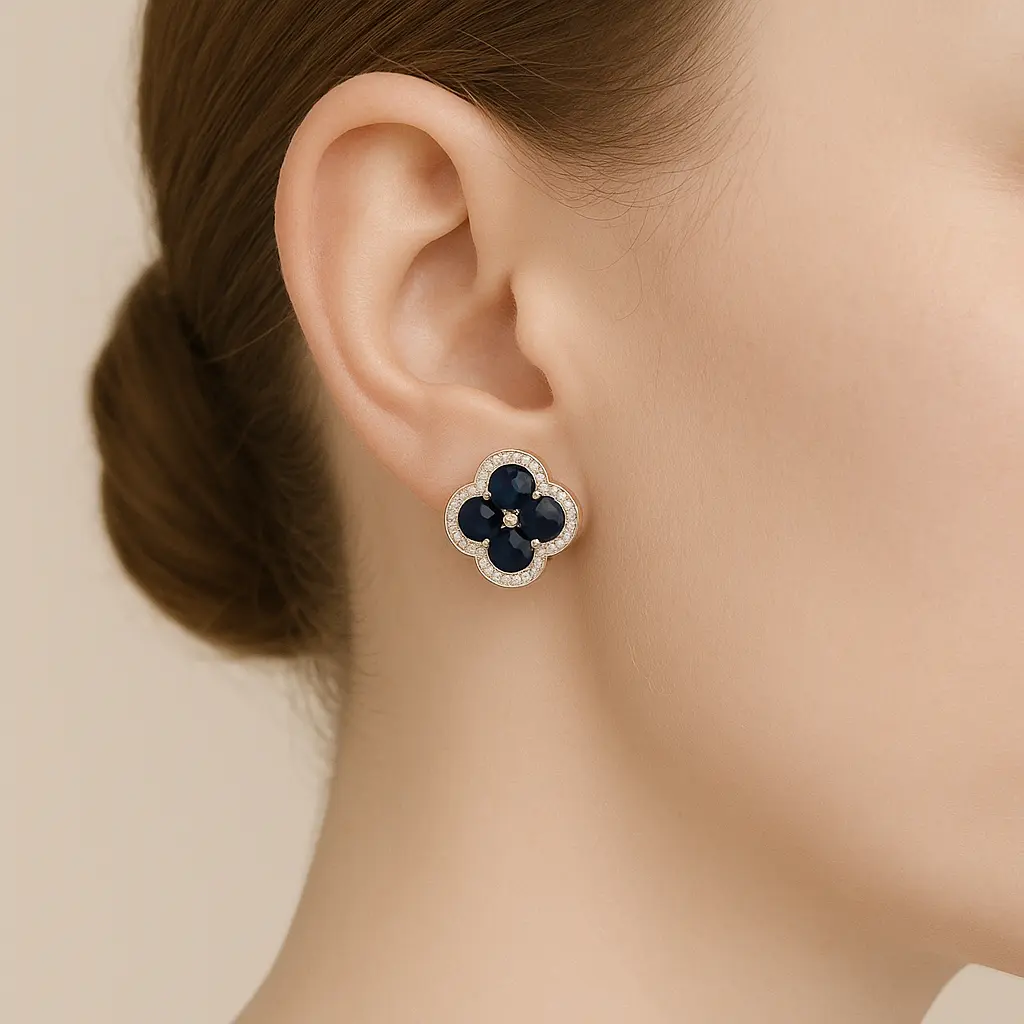 SÉYA Stud Clover Sapphire – Rhodium‑Plated & Blue CZ Accent
