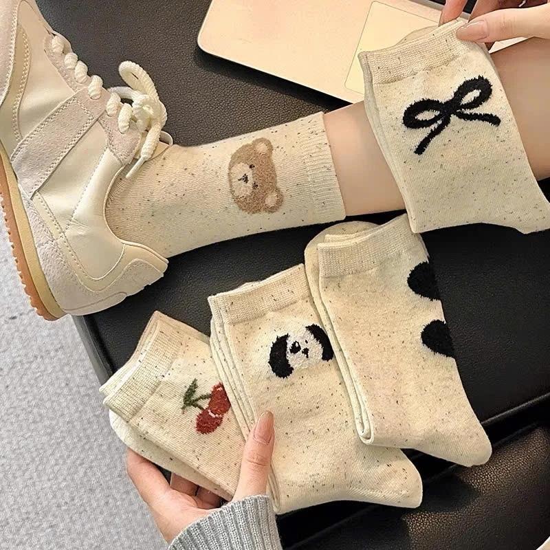 Tất Cao Cho Nữ, Màu Muối Và Hạt Tiêu, Họa Tiết GẤU CHERRY, Phong Cách Hàn Quốc 0