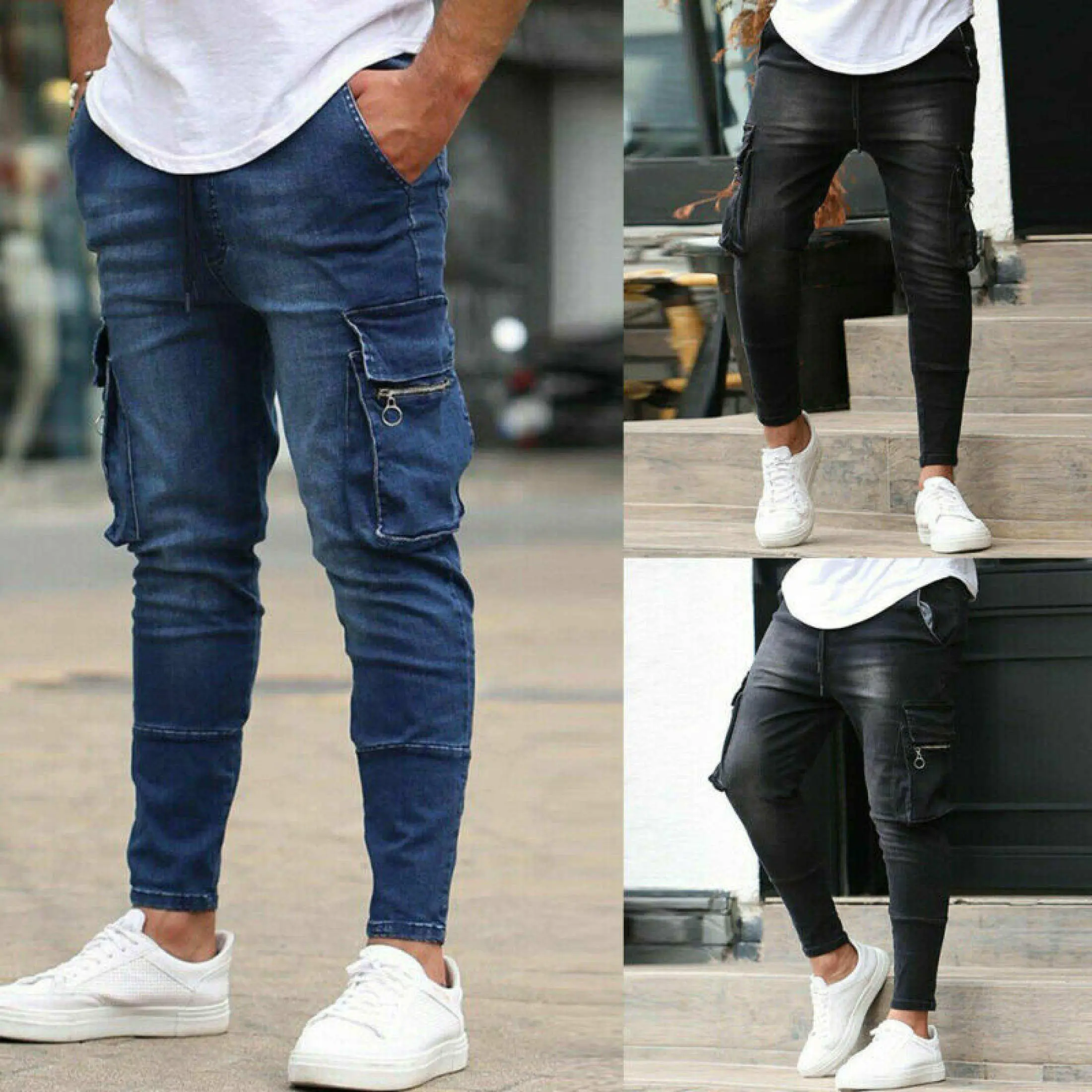 [Surprise price] mens cargo combat denim pants jogger skinny slim fit biker jeans pocket trousers