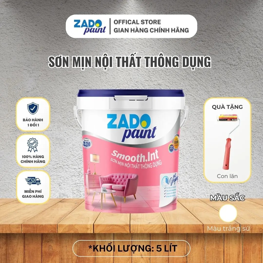 (Thùng 5L) Sơn mịn nội thất Zado Paint (Z 200) 5L - Màng sơn mịn, bám dính tốt, nhựa Acrylic, không chì, không thủy ngân, không kim loại nặng