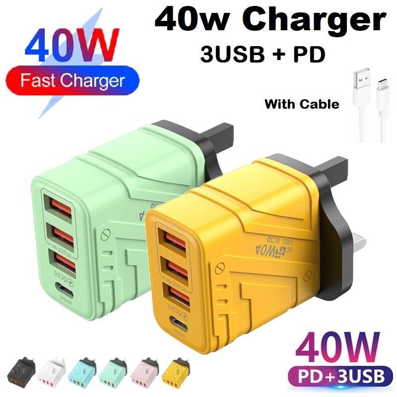 Pengecas Pantas 40w 3USB+PD Dengan Wayar Kabel USB Palam Cas - TikTok ...