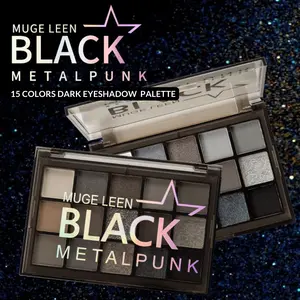 MUGE LEEN Palette Eyeshadow Black Metal Punk 15 Warna Matte & Pearly Tahan Air Cocok untuk Pesta dan Pernikahan