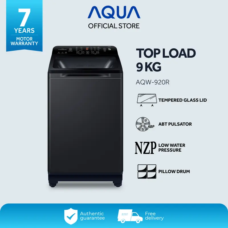 AQUA Elektronik AQW-920R Mesin Cuci Top Loading 9 Kg - Automatic Dynamic Soak Function - Power Off Memory - Tempered Glass Lid - Soft Closing Lid - Hijab Mode - Low Water Preasure - Fuzzy Logic - Stainless Steel Tube 0