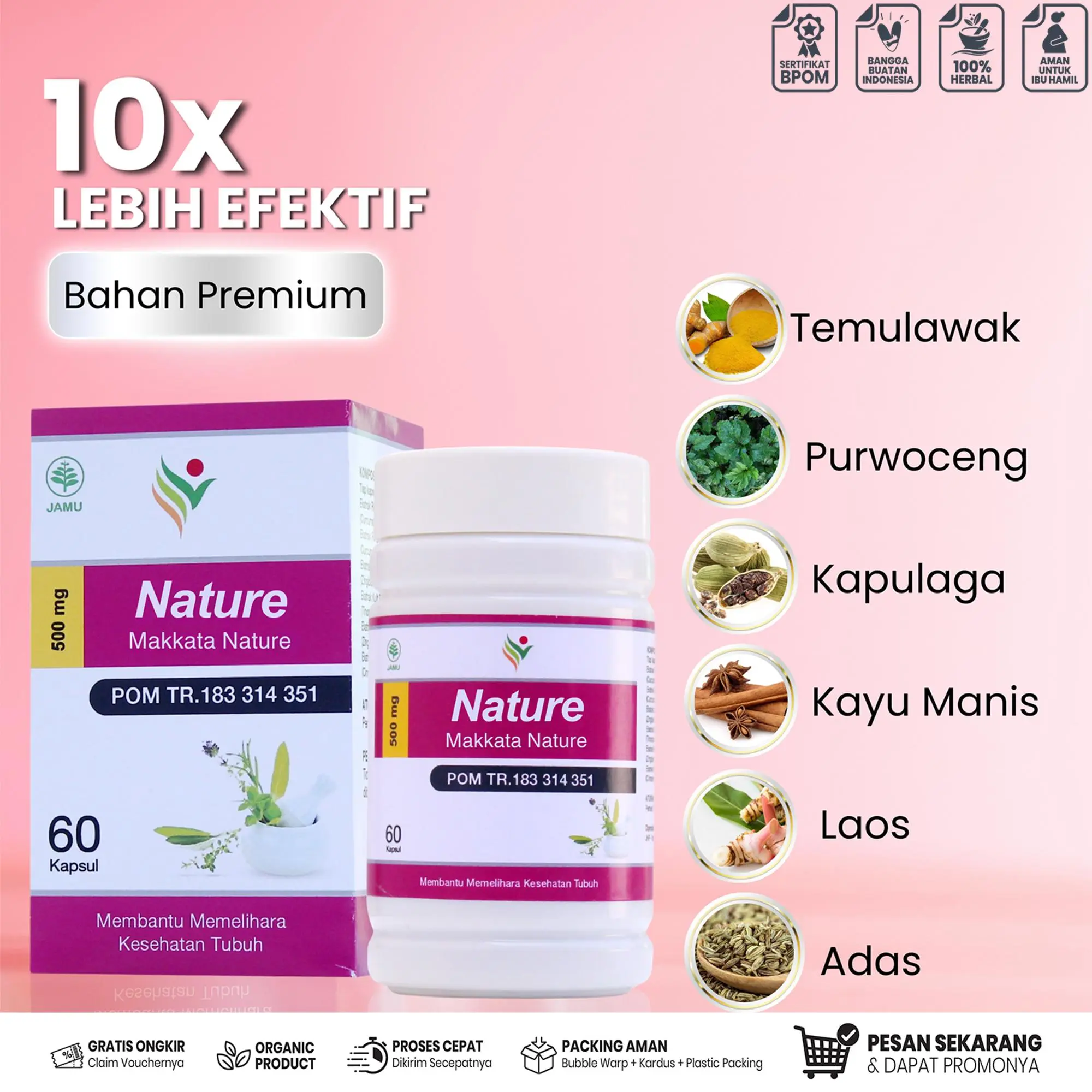 MAKKATA Nature Caps Premium Isi 60 Kps - Temulawak, Purwoceng, Kapulaga, Kayu Manis, Adas & Laos