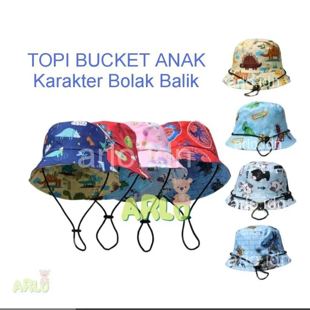 Topi Bucket Hat Cap Anak Bayi Tali Karakter Motif Bolak Balik Usia 1-10 Tahun Lucu Cewe Cowo Unisex Laki Perempuan Premium Tebal