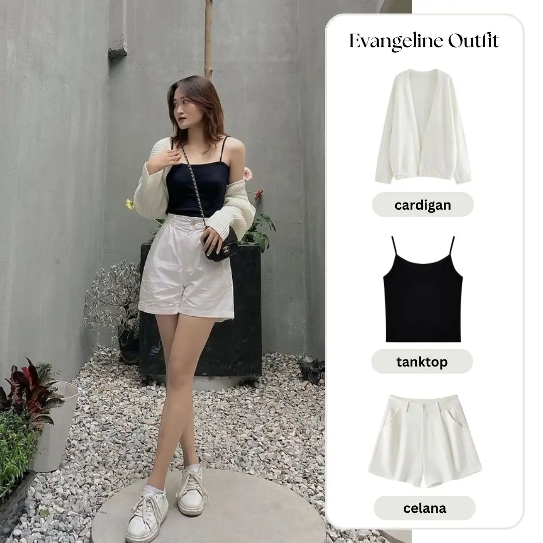 OOTD 3IN1 KOREAN STYLE [CARDIGAN + TANK TOP + CELANA PENDEK] EVANGELINE OUTFIT - SS01 import ala korea