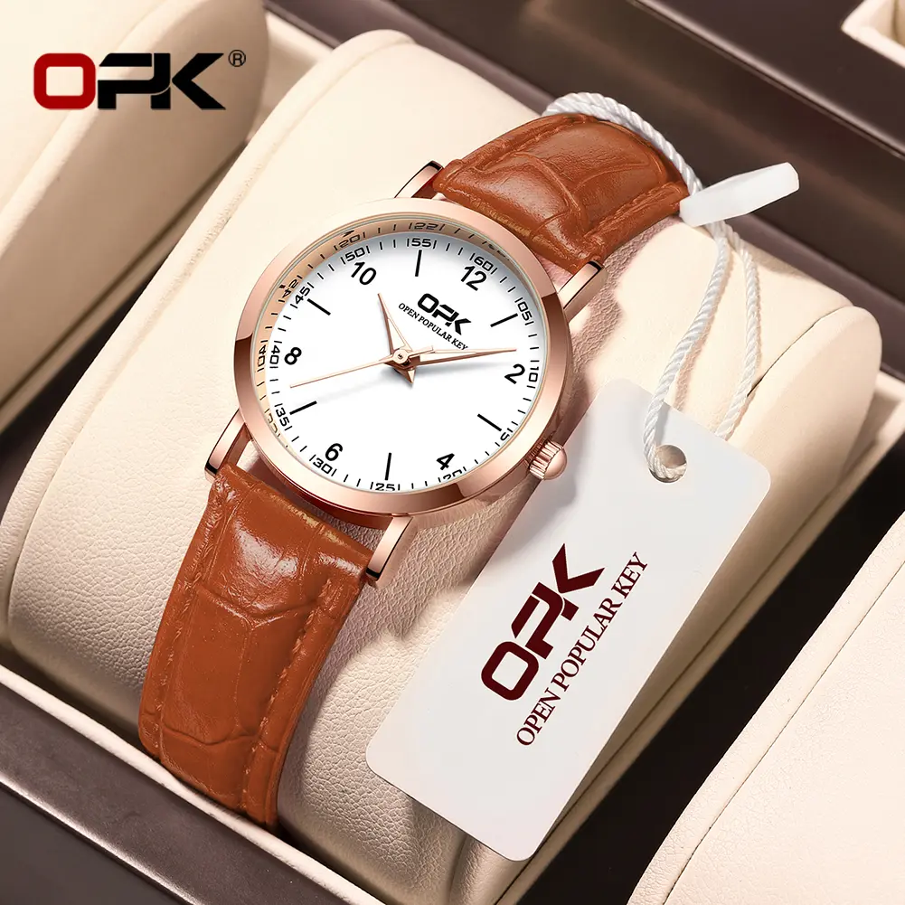 Jam Tangan Wanita, OPK, Kalis Air, Berkilau, Asal, Fesyen Tinggi, Jam Tangan Kulit, Kuarza Analog, Coklat, Hitam, Merah Jambu, Putih, Mudah dan Elegan, 8613