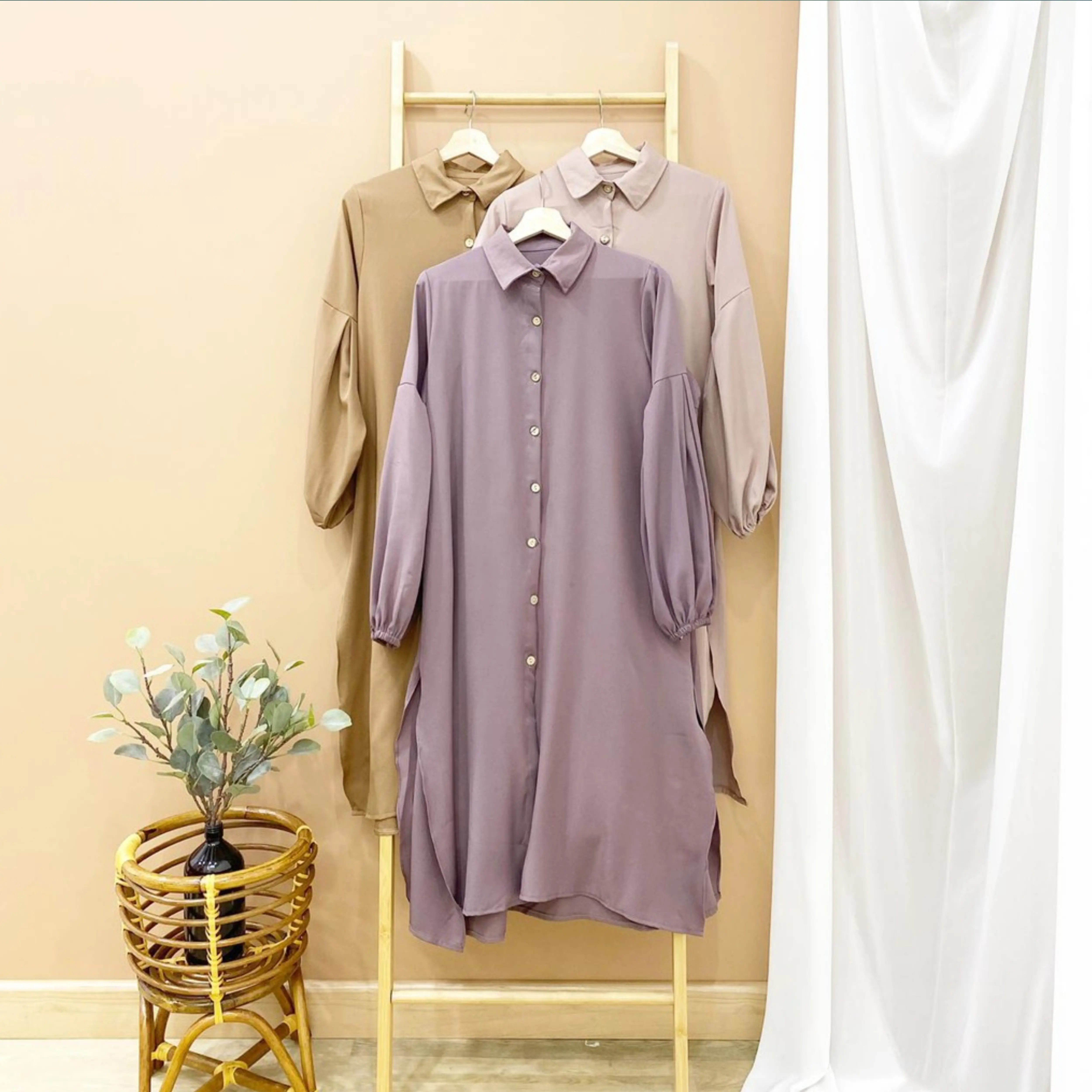 Tunik Kemeja Busana Muslim Wanita Polos Lengan Balon Panjang Shakilla Twill