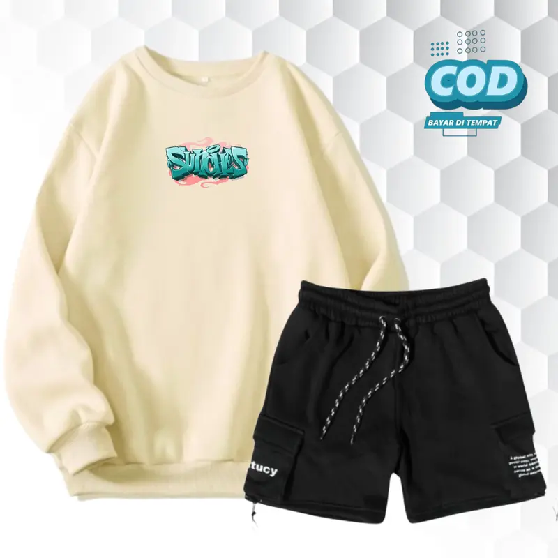 Setelan sdatu Set Crewneck Dan Celana Pendek Cargo Pria Wanita Distro Stelan Sweater Korean Style Bahan Fleece Brend Lokal Bandung Distro Size M L XL XXL Katun Polos Hitam Atasan  Dewasa outfit  cowok setelan hoodie cowok 1 set dewasa  Keren  Casual 3