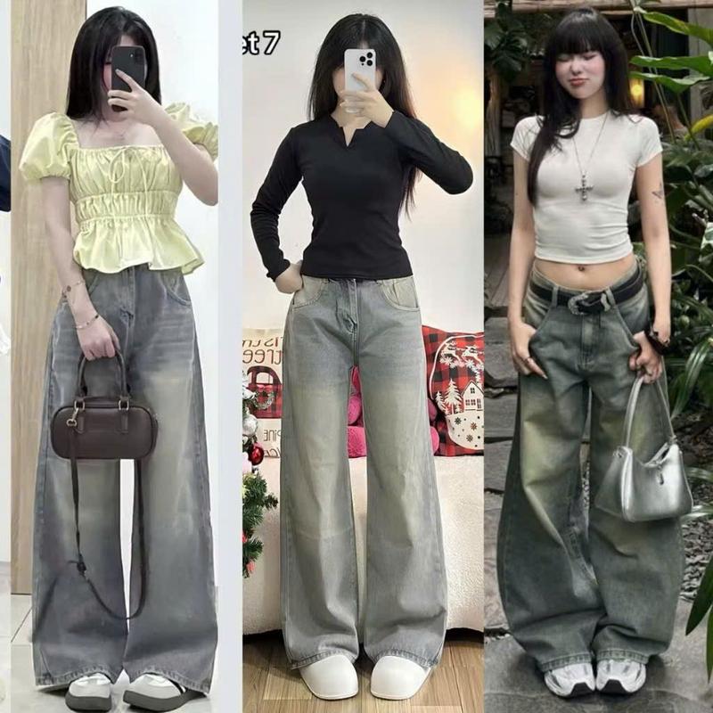  Quần Jean Nữ ống rộng LOLIE cạp cao Màu Xanh Đậm Wash Trắng dáng dài chất bò RIN mềm denim BIGSIZE-ống rộng MIAA cạp cao 