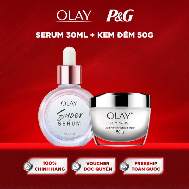 Combo Olay Super Serum 5 Trong 1 30ml L Và Kem Dưỡng Da Ban Đêm OLAY Luminous Trắng Da Mờ Thâm Nám 50g