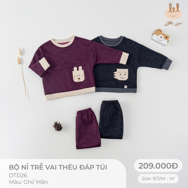  Bộ nỉ trễ vai thêu đáp túi bé Lil Little Love  DTD26  