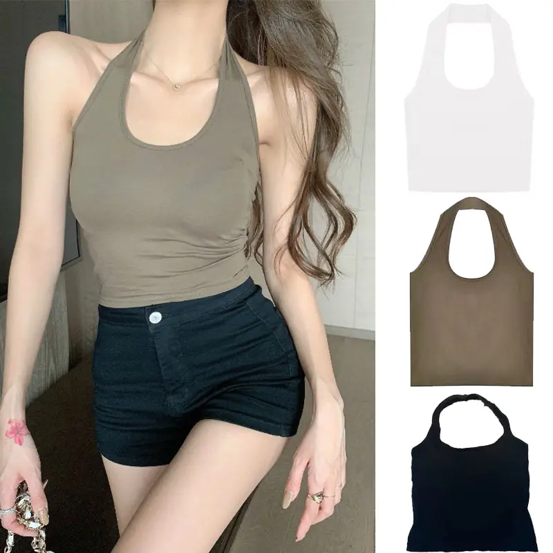Áo Ba Lỗ Gợi Cảm Cho Nữ, Có Đệm, Áo Hai Mảnh, Màu Trơn Hở Lưng, Dệt Kim Women Top Dài Tay Đen
