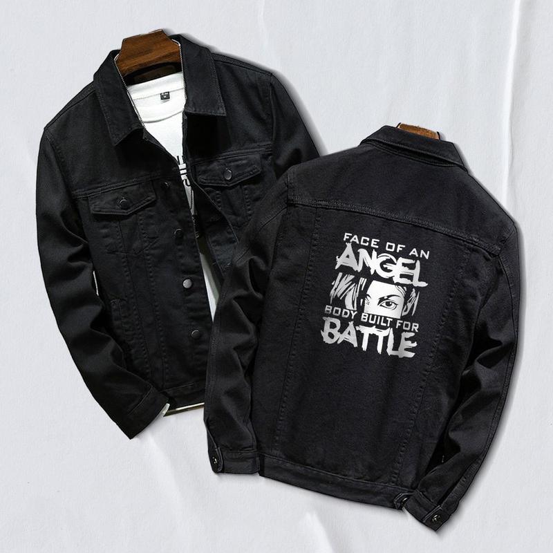 Áo khoác Jeans bò màu Đen In chữ truyện Anime, vải denim dày mềm mại chống tia UV AJ012