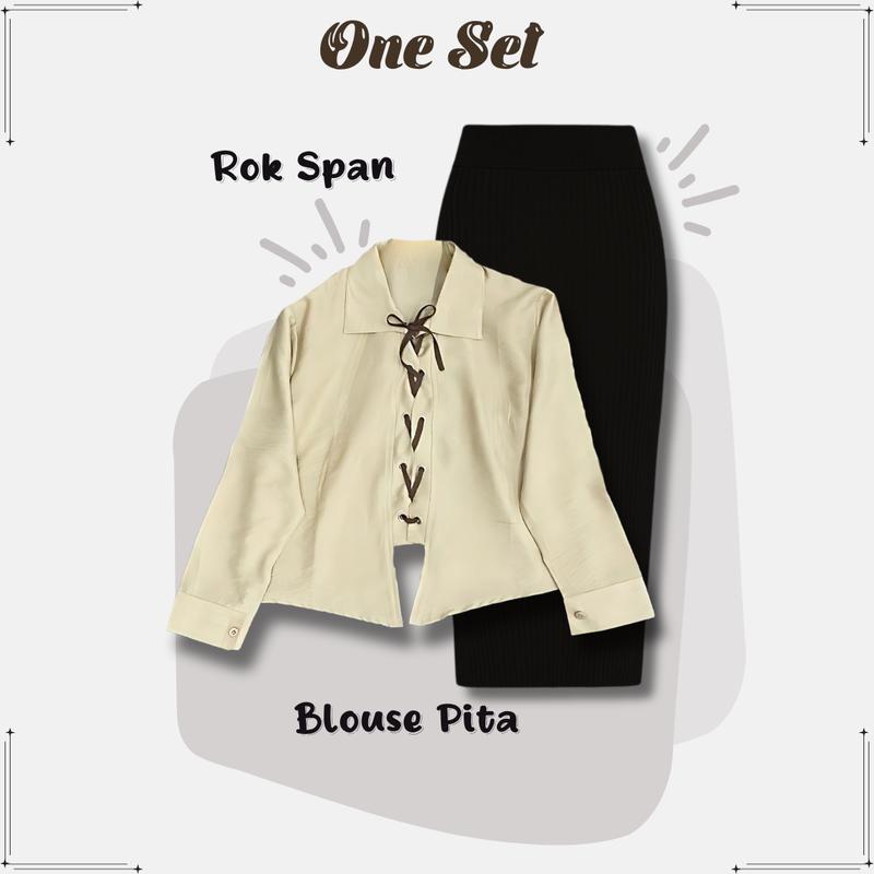 One Set Wanita Kekinian Terbaru Ribbon Blouse Hits + Rok Span Hitam + Jilbab Bella Square |RD077| 3